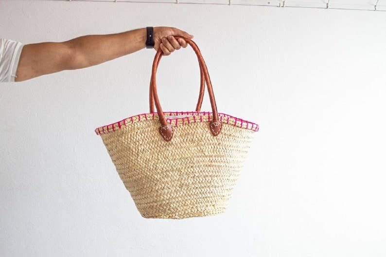 Sac de marché en paille française avec poignées en cuir – Sac de plage