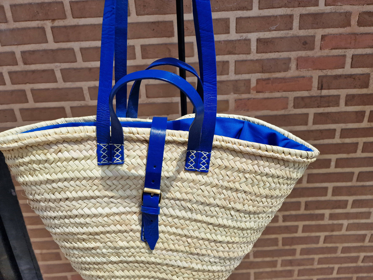 Panier français fait main avec poignée en cuir, sac fourre-tout en paille