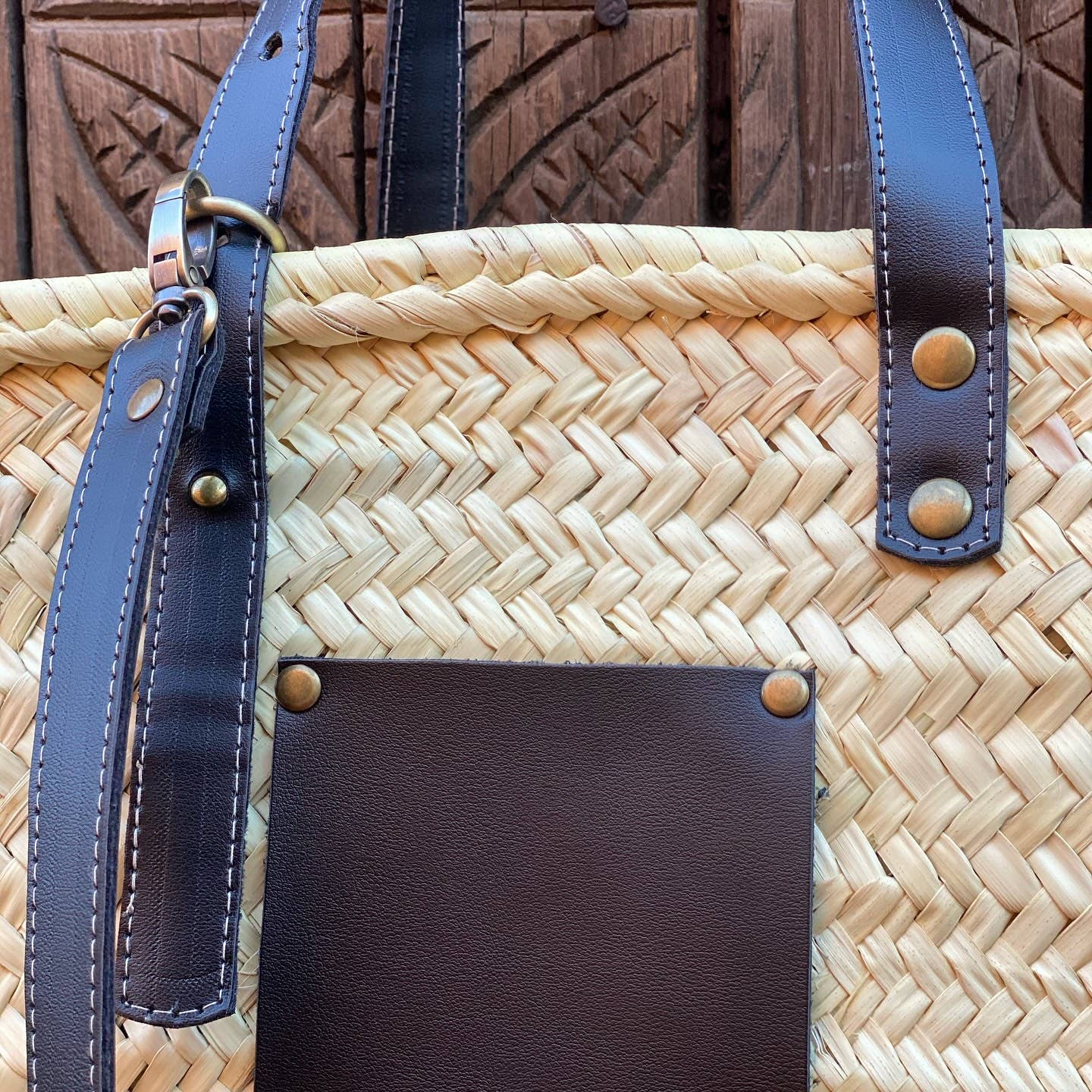 Panier français en raphia avec anses en cuir, sac de plage