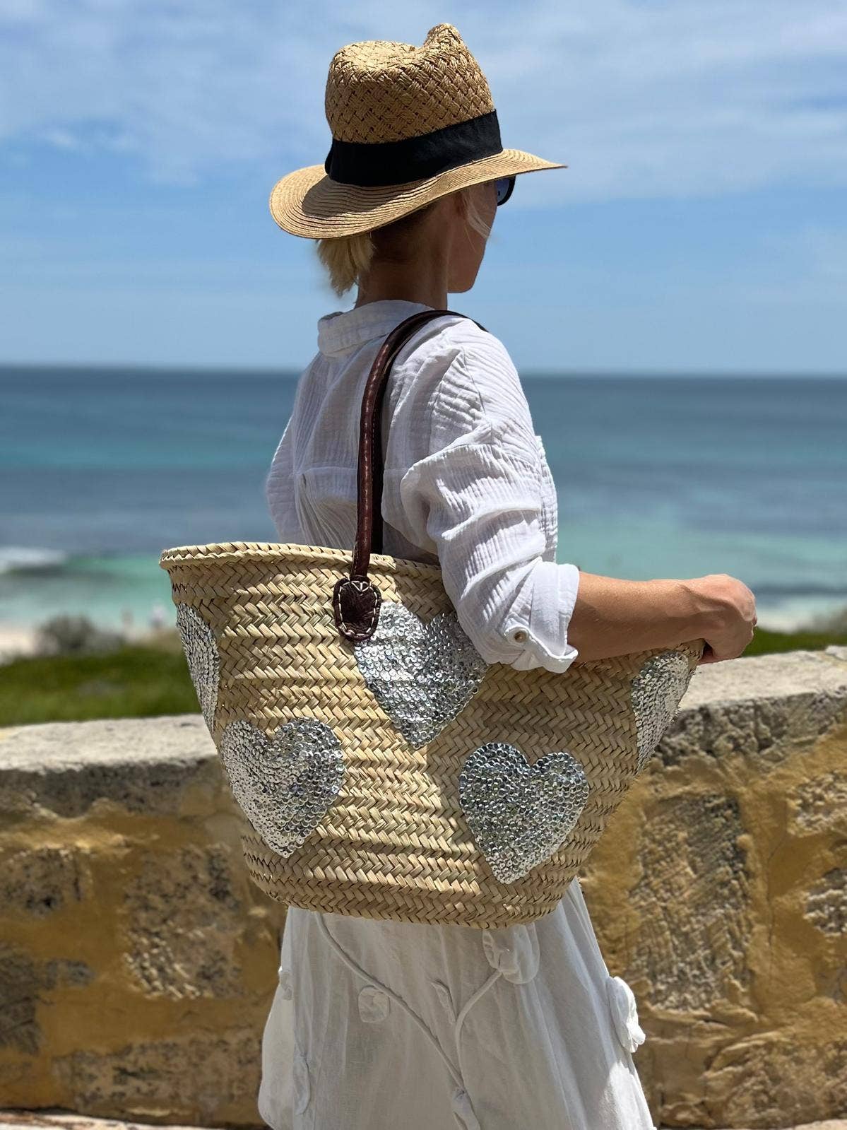Sac en paille à sequins, sac de marché français, sac de plage, panier en paille
