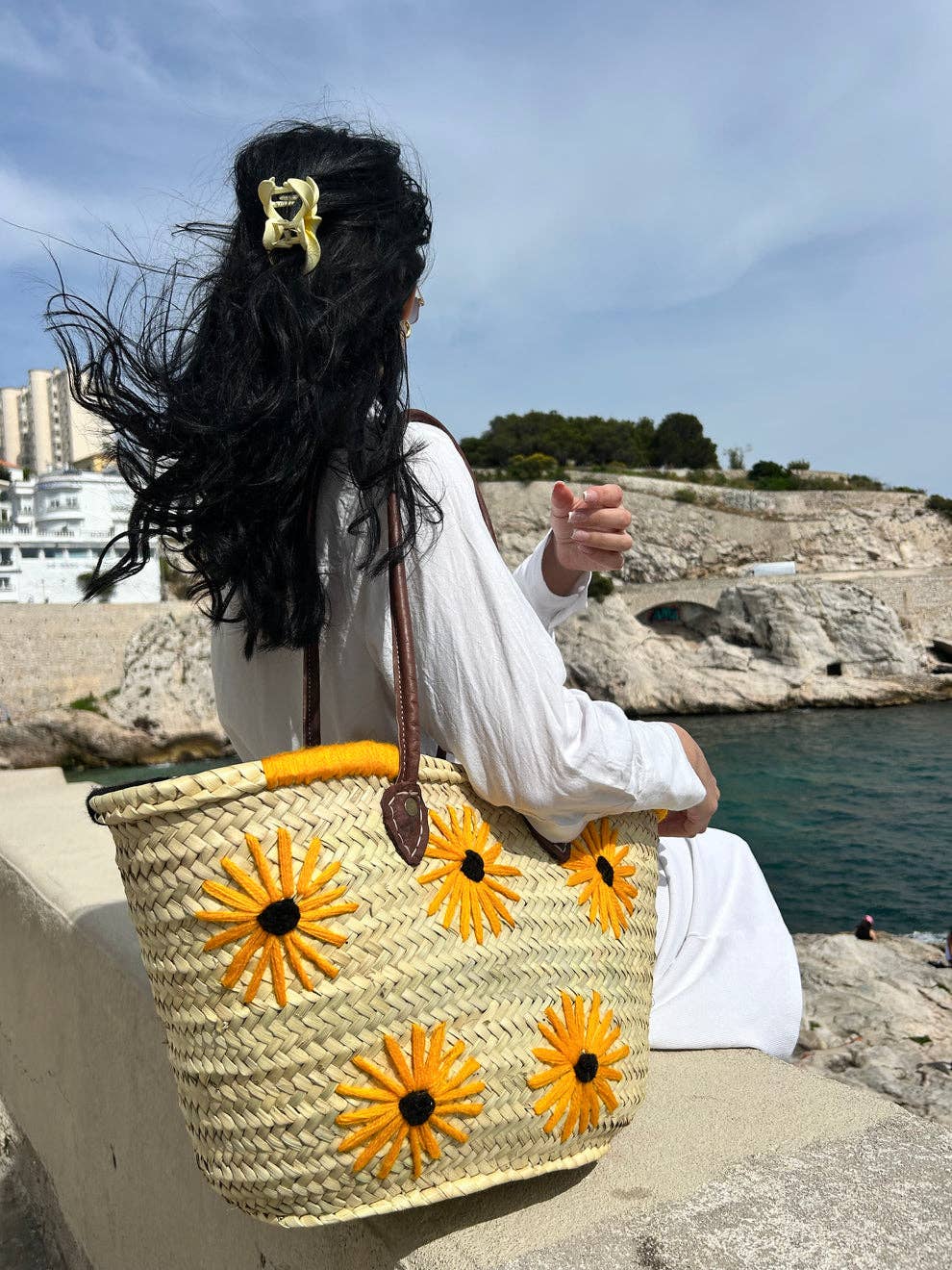 Sac de plage bohème en paille – Feuille de palmier et poignée en cuir