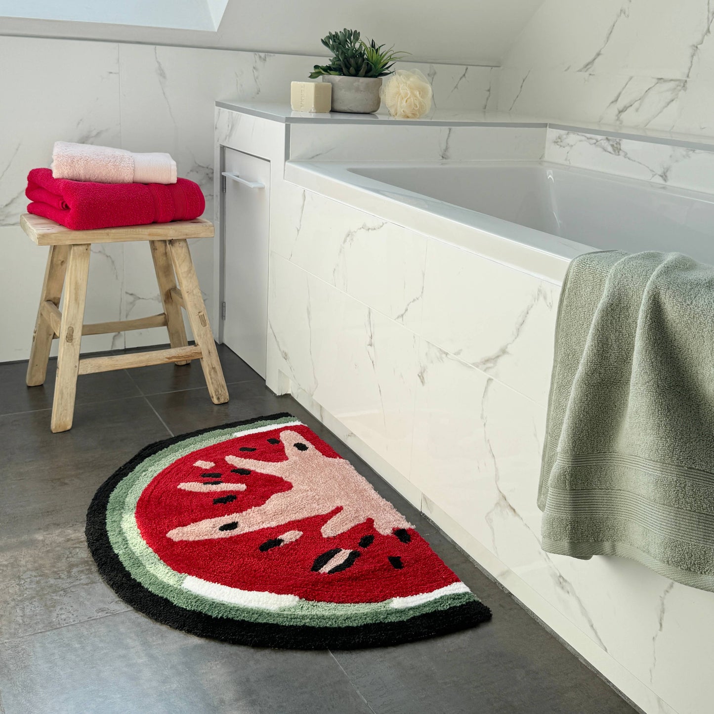 Tapis de Bain Pastèque en Demi-Cercle Antidérapant, Amusant, Coloré