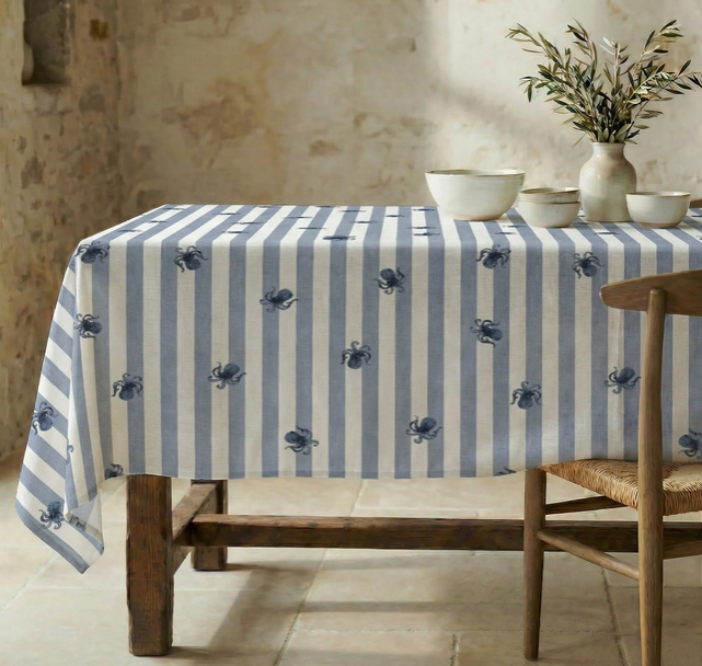 NAPPE ANTI-TACHE - rayures bleues/ poulpe - 155x155 cm