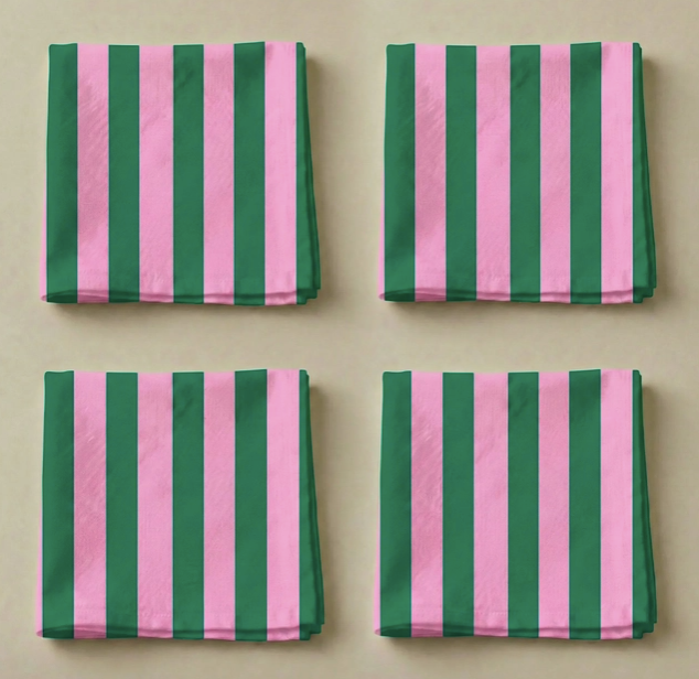 LOT 4 SERVIETTES - Rayées / Rose,vert