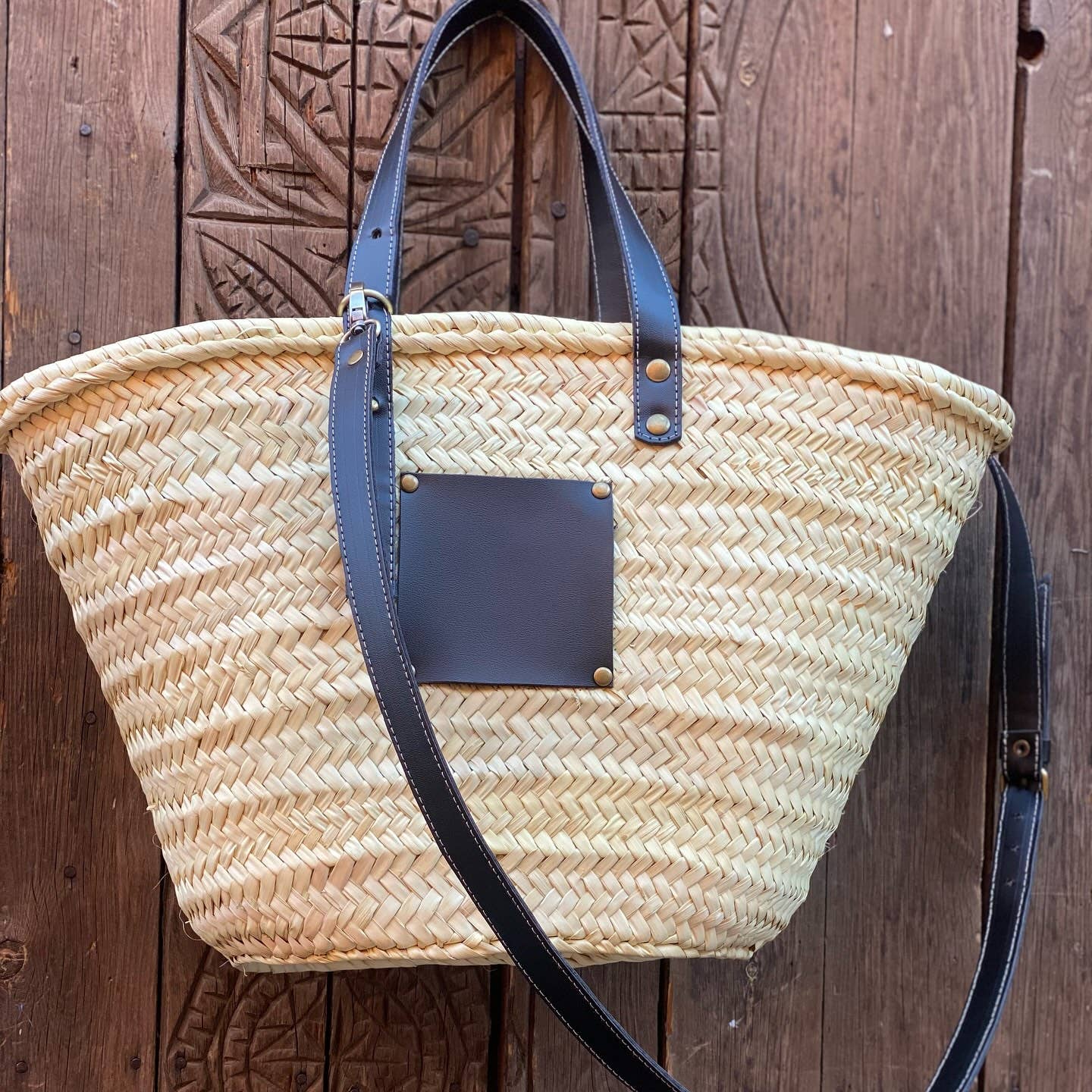 Panier français en raphia avec anses en cuir, sac de plage