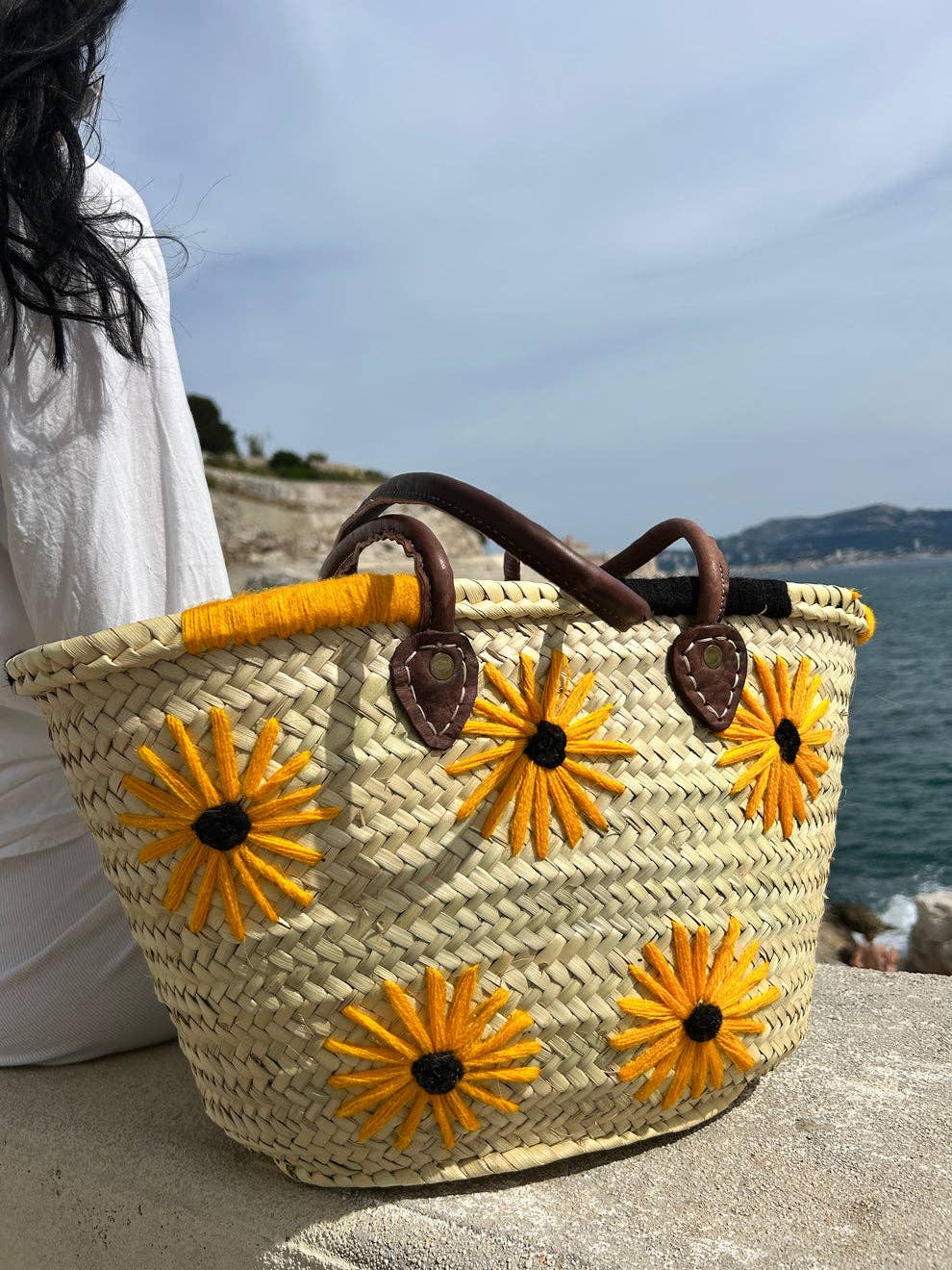 Sac de plage bohème en paille – Feuille de palmier et poignée en cuir