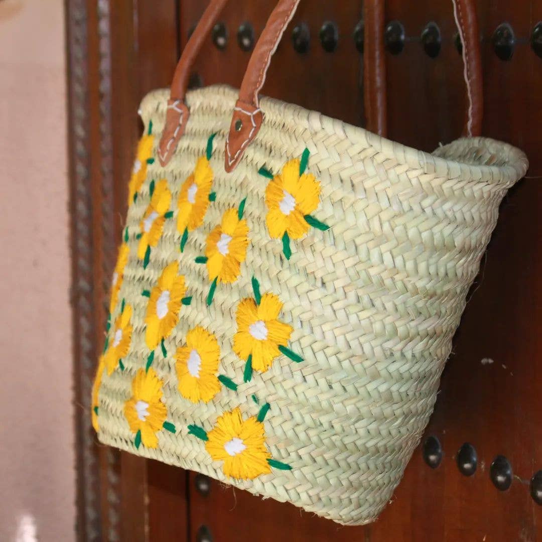 Sac French Market, Sac en paille avec poignée en cuir, Sac de plage