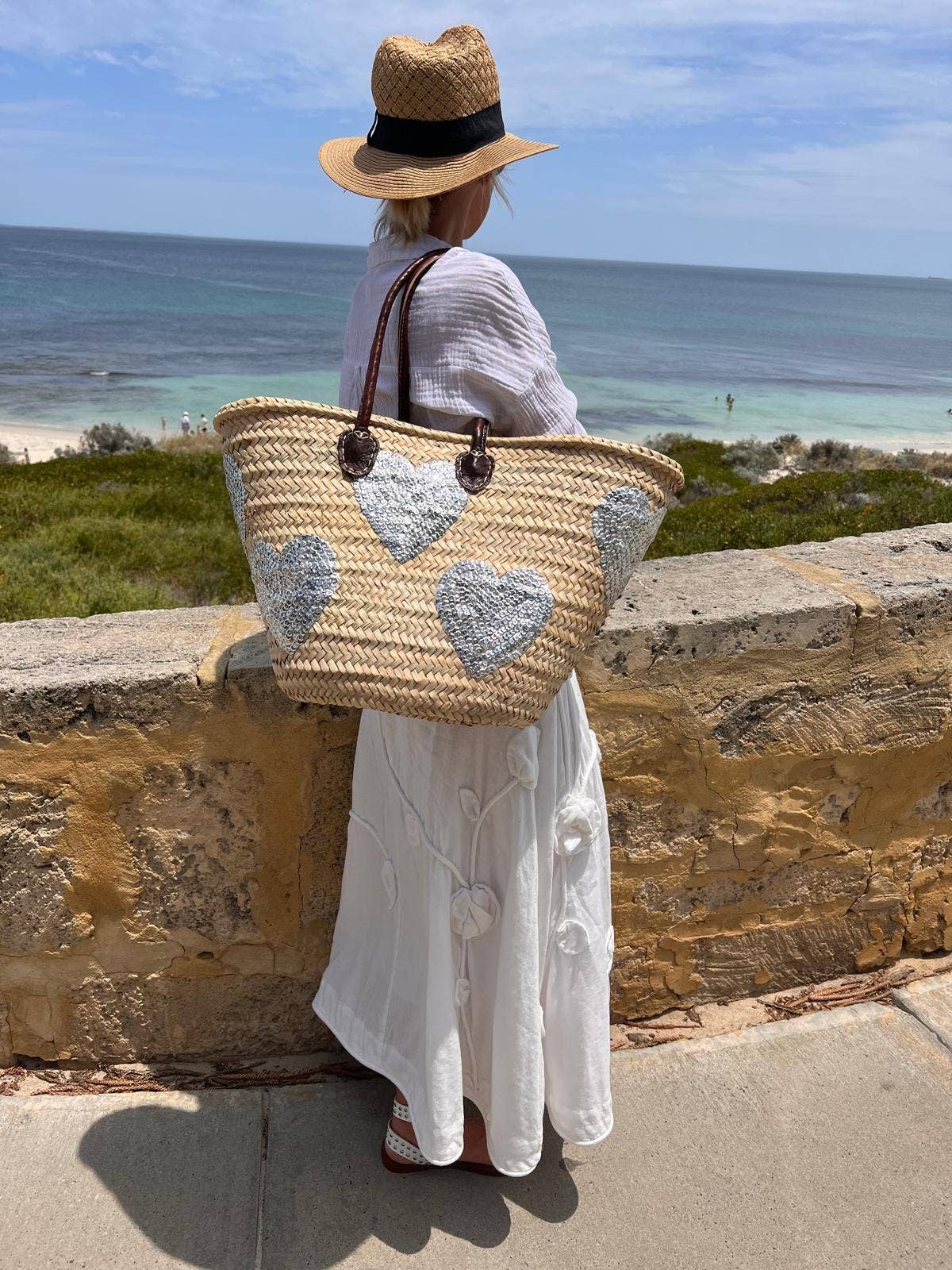 Sac en paille à sequins, sac de marché français, sac de plage, panier en paille
