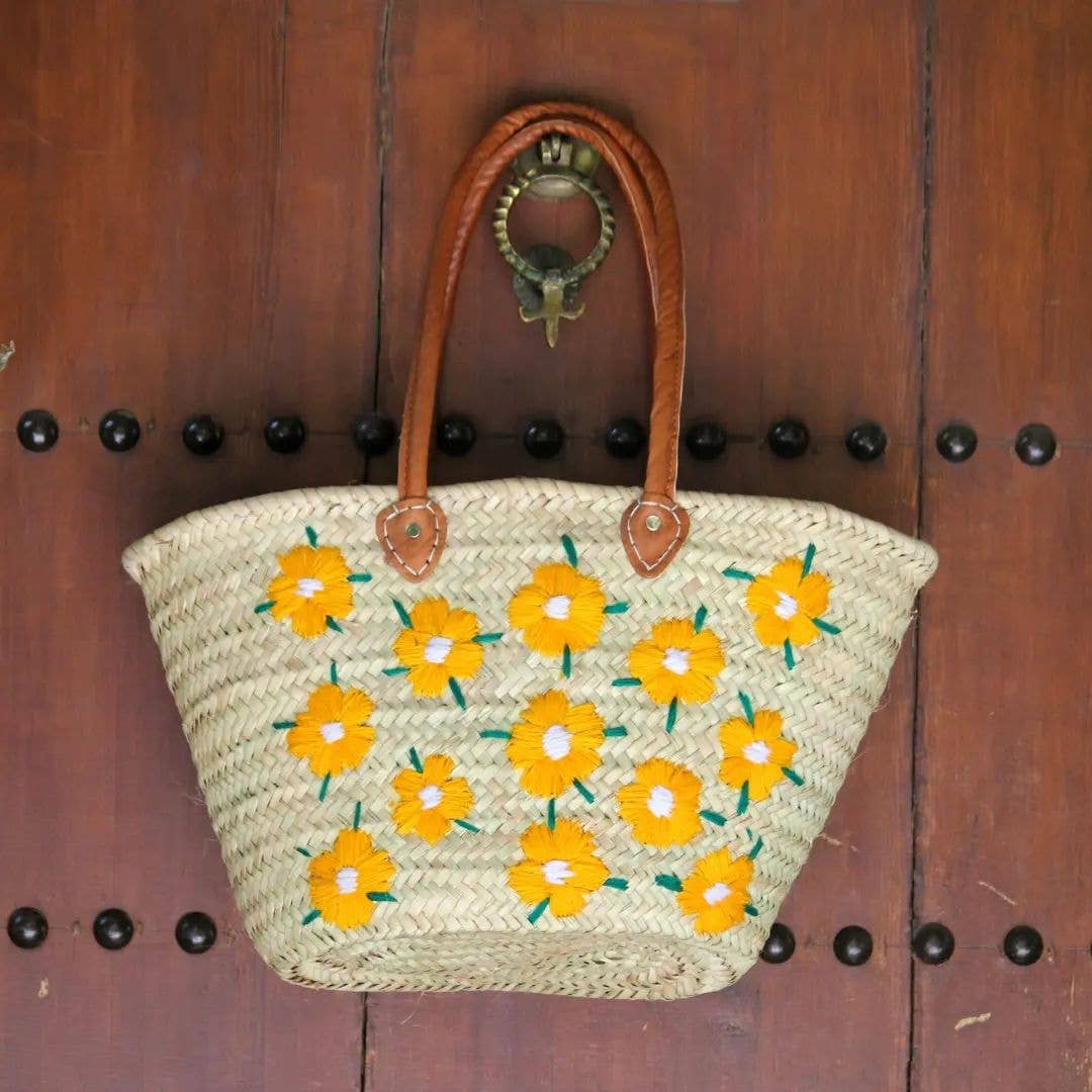 Sac French Market, Sac en paille avec poignée en cuir, Sac de plage