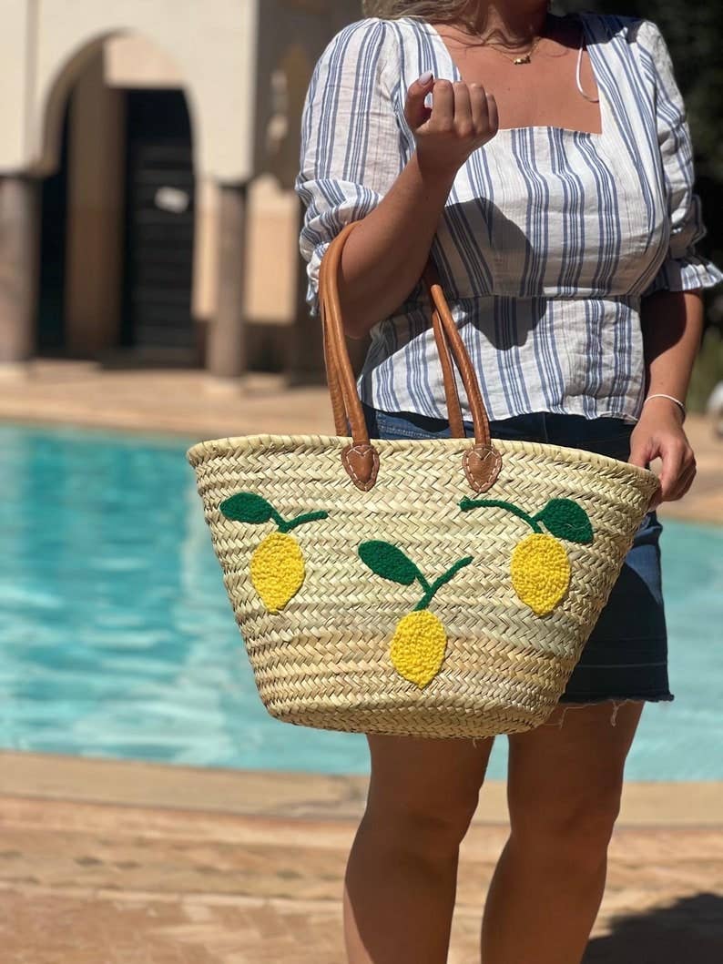 Panier français, sac de plage, sac en paille avec poignée en cuir