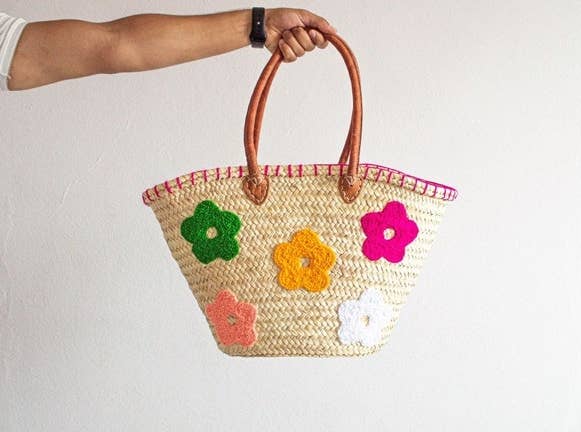 Sac de marché en paille française avec poignées en cuir – Sac de plage