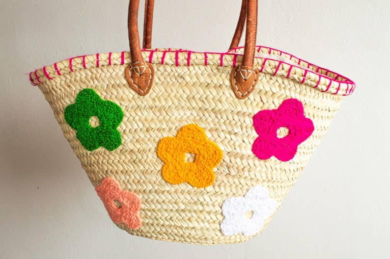 Sac de marché en paille française avec poignées en cuir – Sac de plage