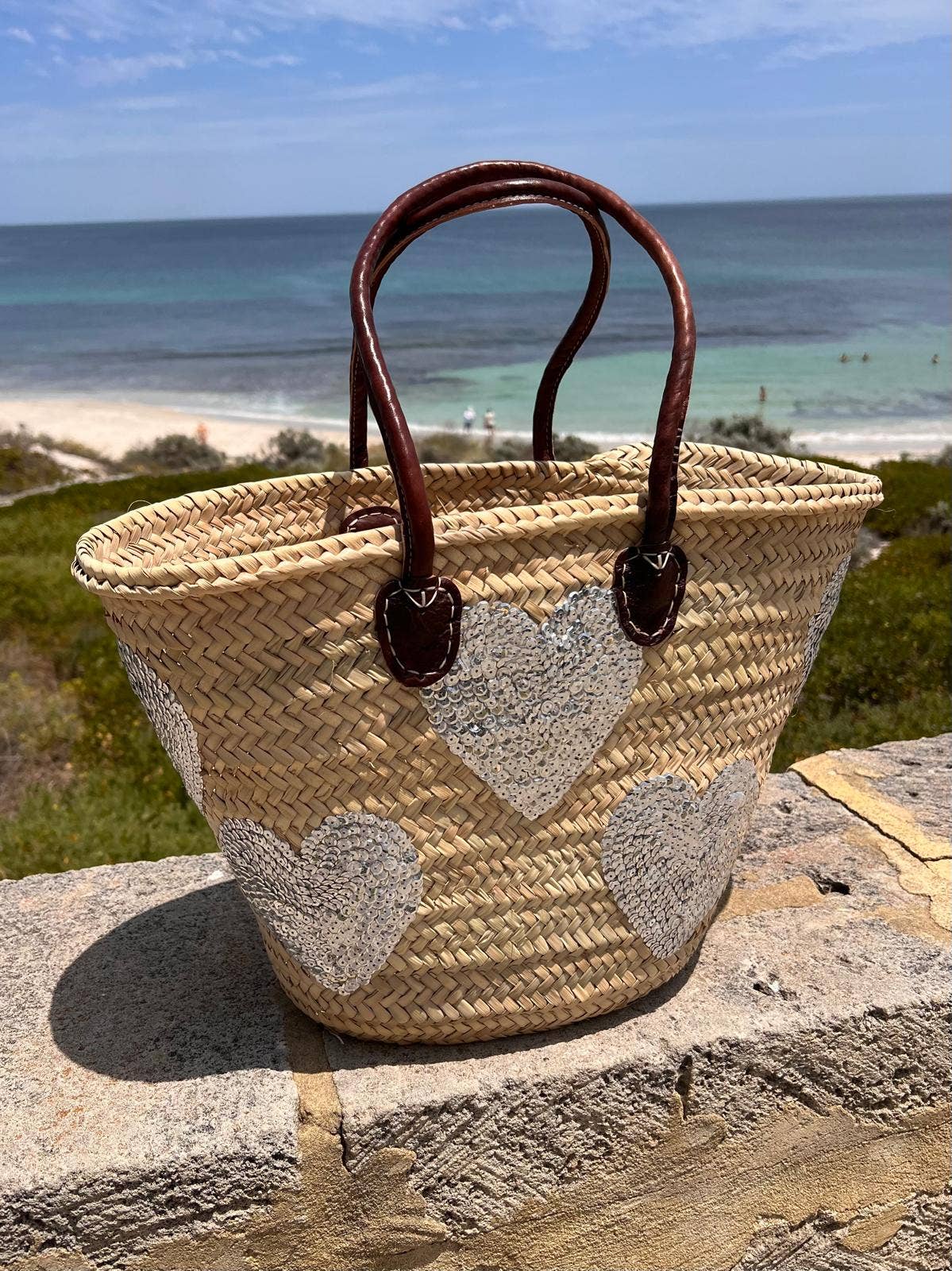 Sac en paille à sequins, sac de marché français, sac de plage, panier en paille