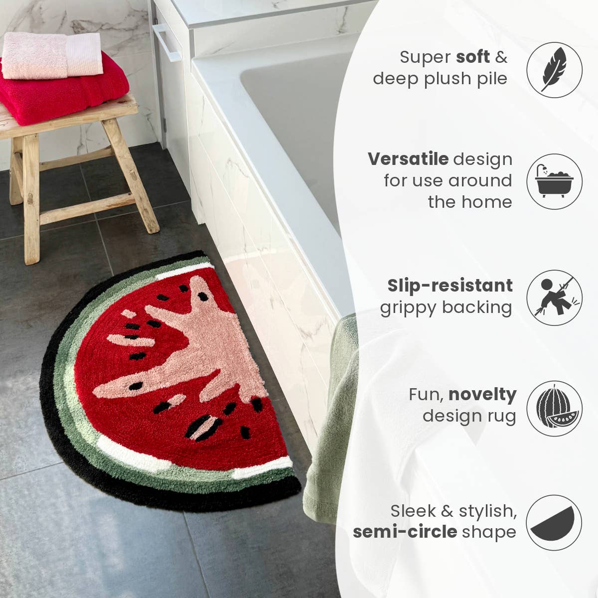 Tapis de Bain Pastèque en Demi-Cercle Antidérapant, Amusant, Coloré