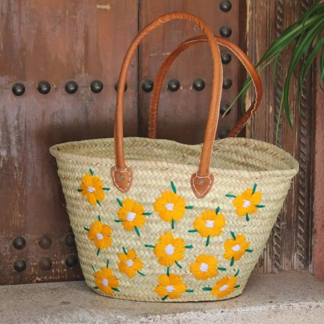 Sac French Market, Sac en paille avec poignée en cuir, Sac de plage