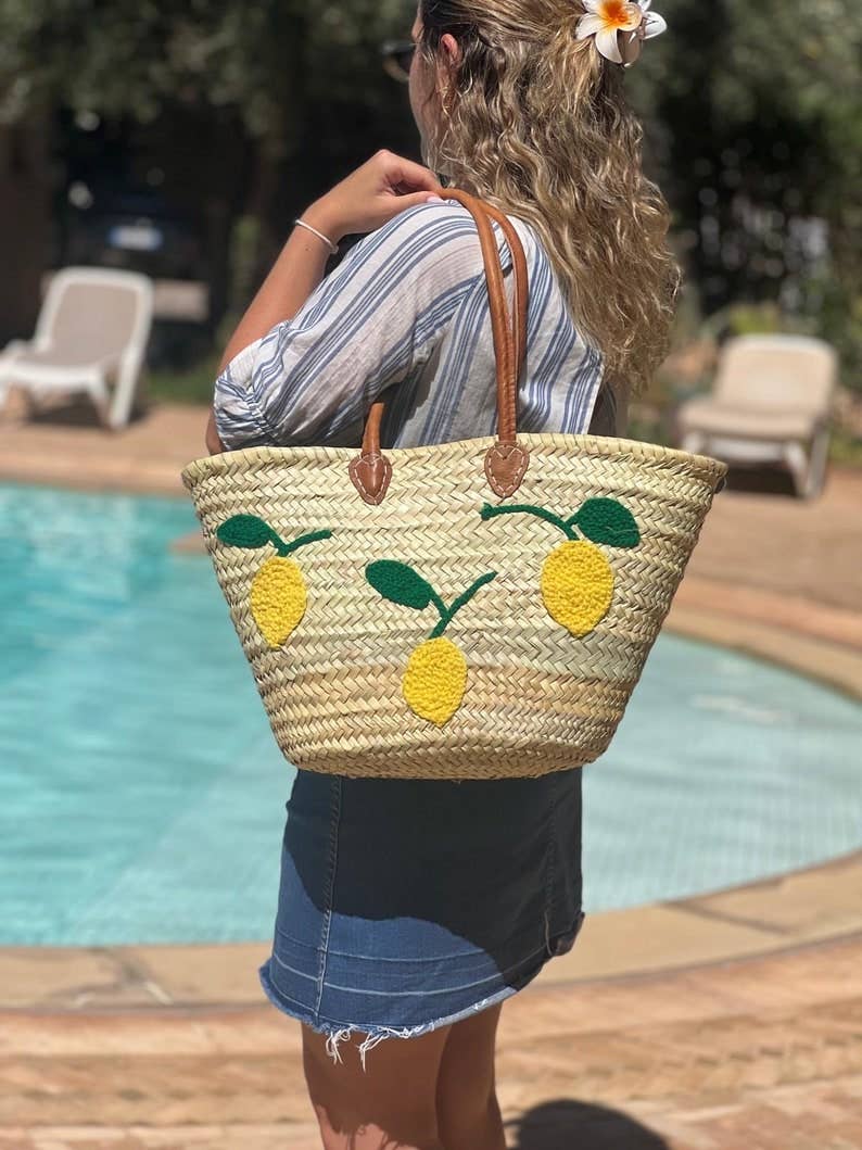Panier français, sac de plage, sac en paille avec poignée en cuir