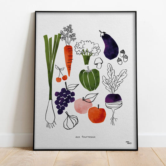 Affiche fruits et légumes verts oranges et violets