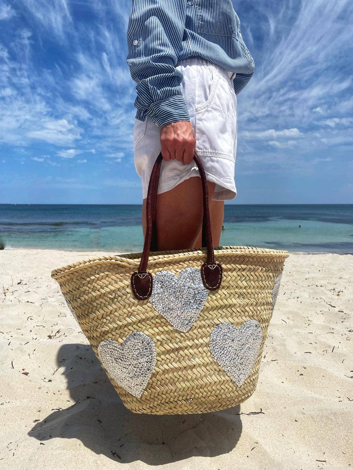 Sac en paille à sequins, sac de marché français, sac de plage, panier en paille