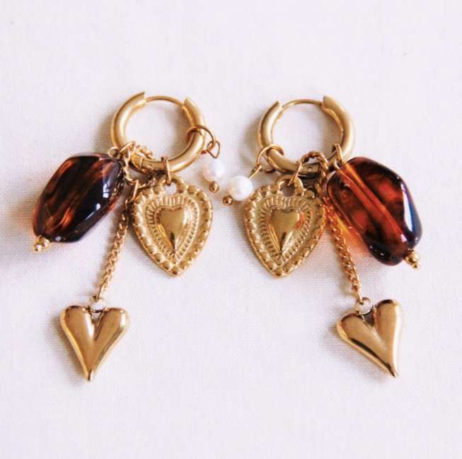 BOUCLES D'OREILLE - Marron et coeur doré