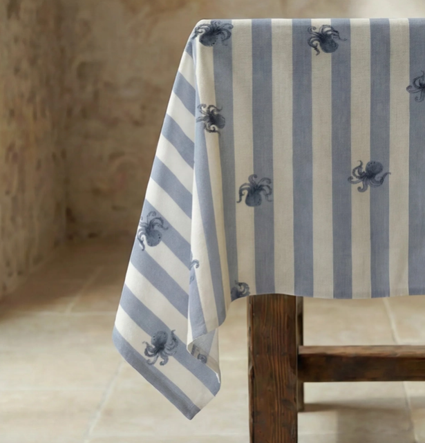 NAPPE ANTI-TACHE - rayures bleues/ poulpe - 155x155 cm