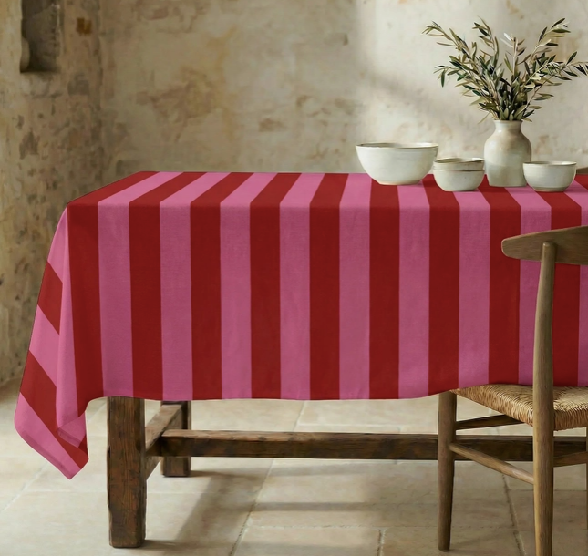 NAPPE ANTI-TACHE - Grosse rayures rouge/rose - 300x155 cm
