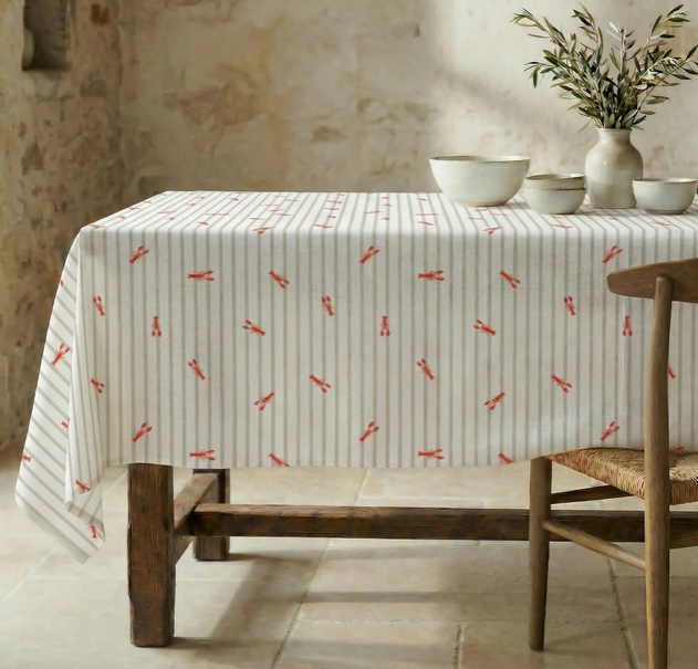 NAPPE ANTI-TACHE - Rayures beiges / Homard - 5 tailles