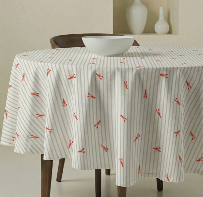 NAPPE ANTI-TACHE - Rayures beiges / Homard - Ronde D155
