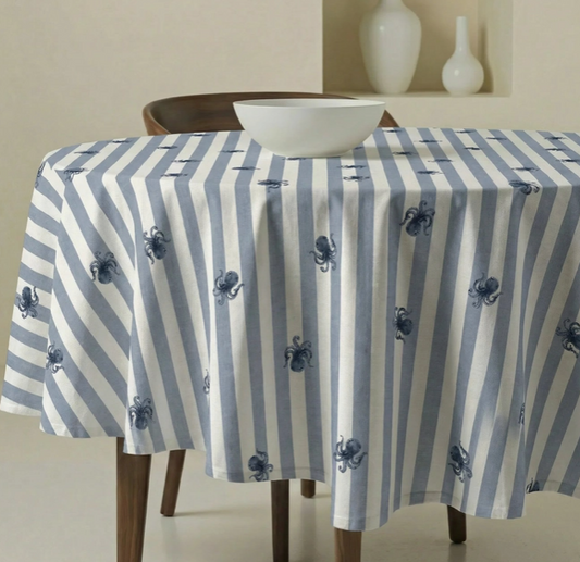 NAPPE ANTI-TACHE - Rayures bleues / Poulpe - Ronde 2 tailles