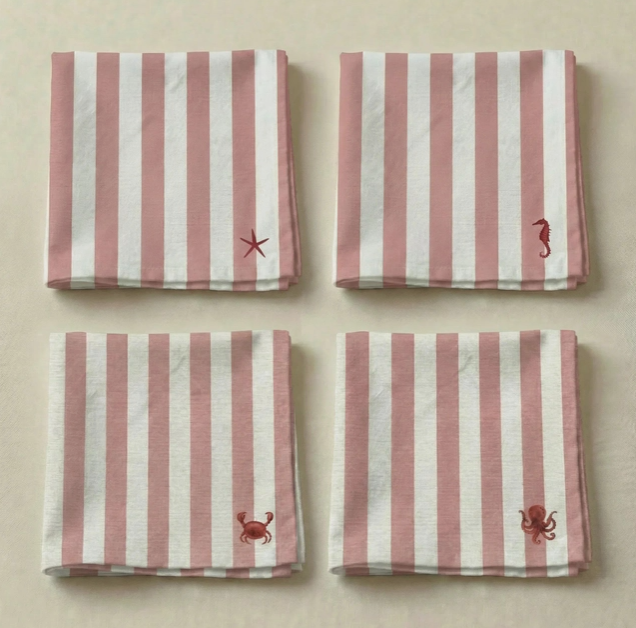 LOT 4 SERVIETTES - Rayées / rouge, mer
