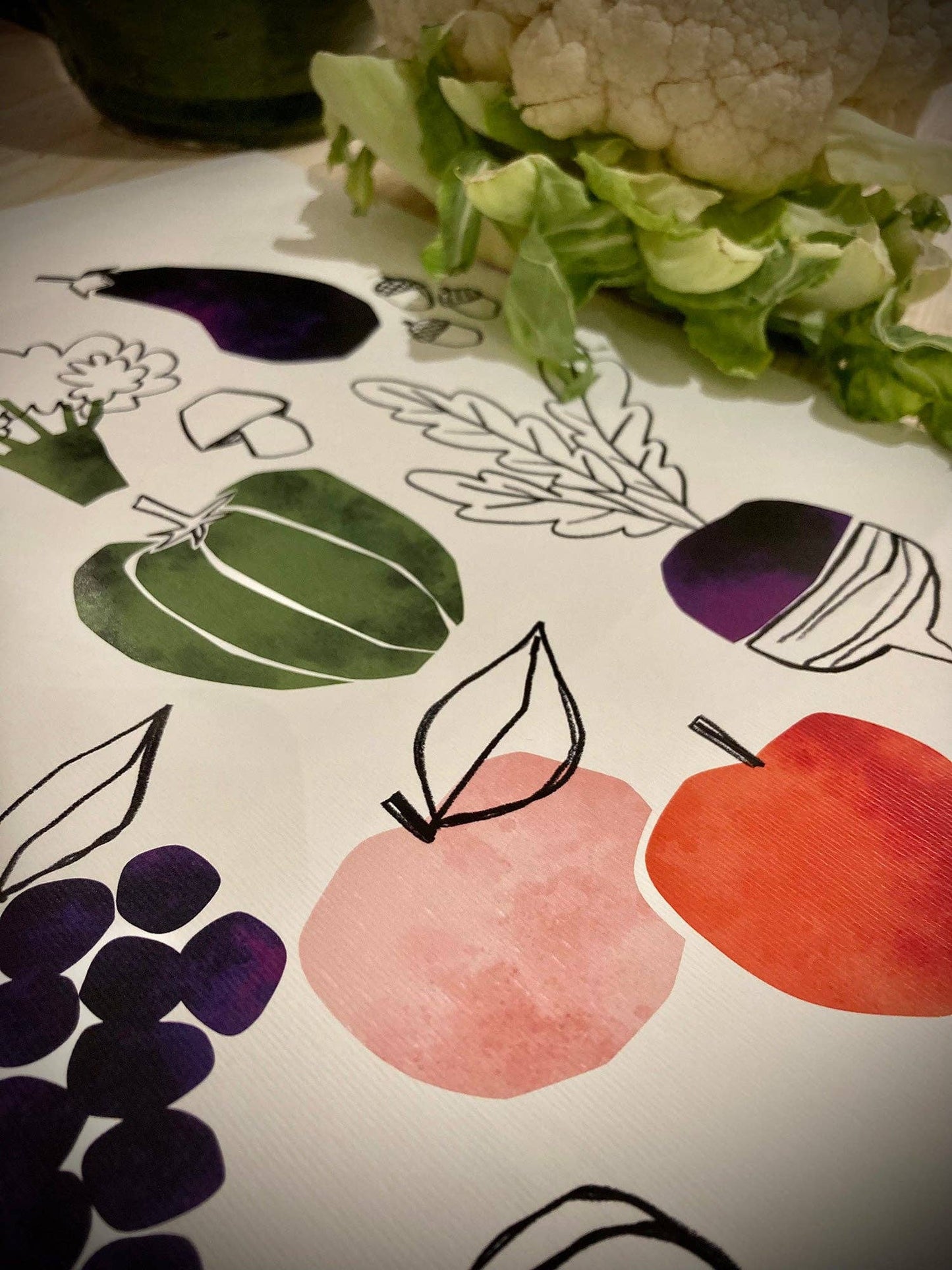 Affiche fruits et légumes verts oranges et violets