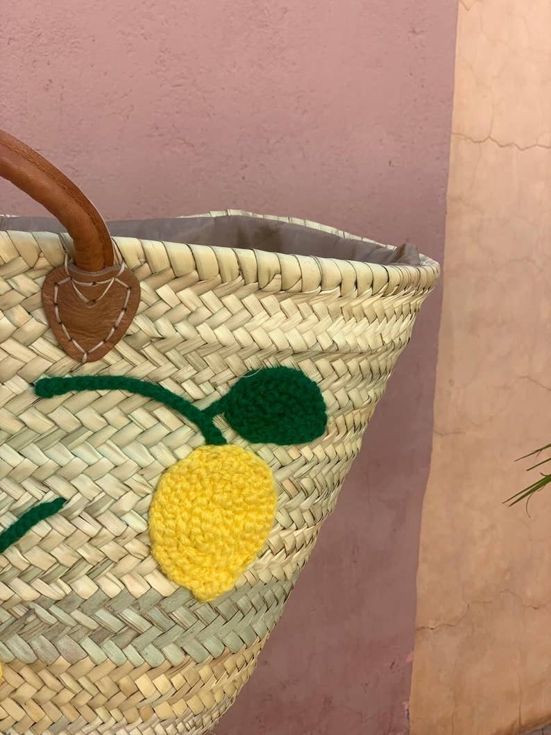 Panier français, sac de plage, sac en paille avec poignée en cuir