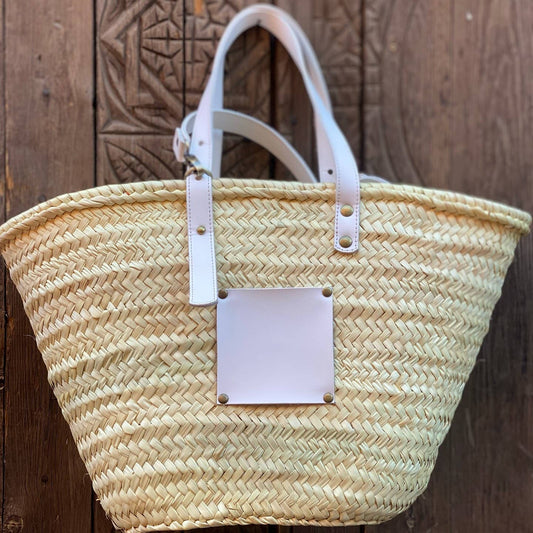 Panier français en raphia avec anses en cuir, sac de plage