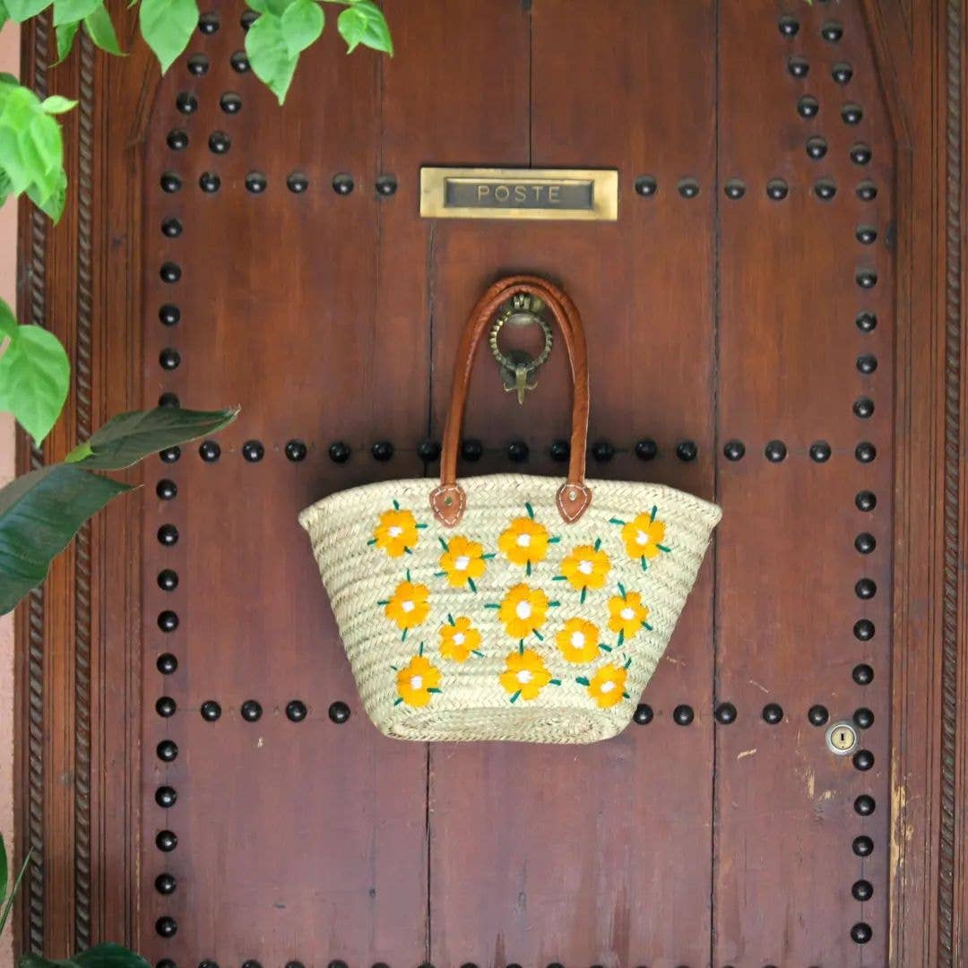 Sac French Market, Sac en paille avec poignée en cuir, Sac de plage