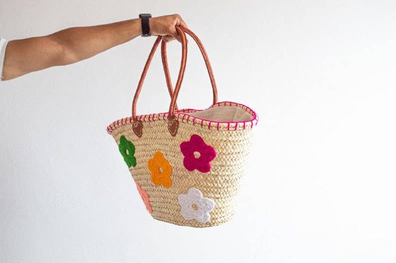 Sac de marché en paille française avec poignées en cuir – Sac de plage