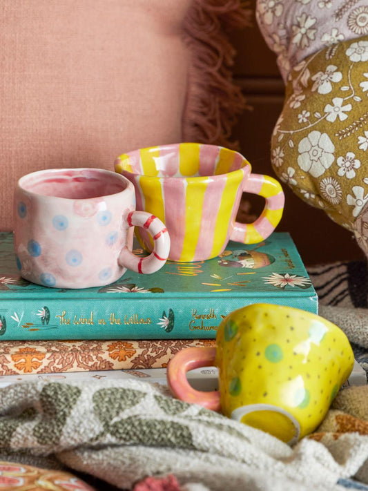 TASSE EN GRÈS - Rayures jaunes/rose