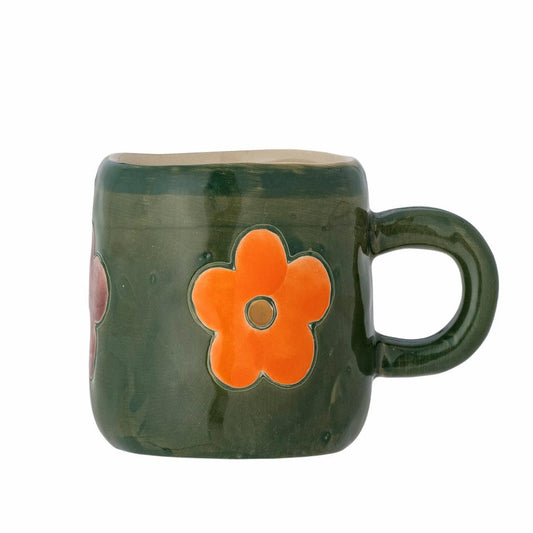 TASSE EN GRÈS - Verte / fleur orange